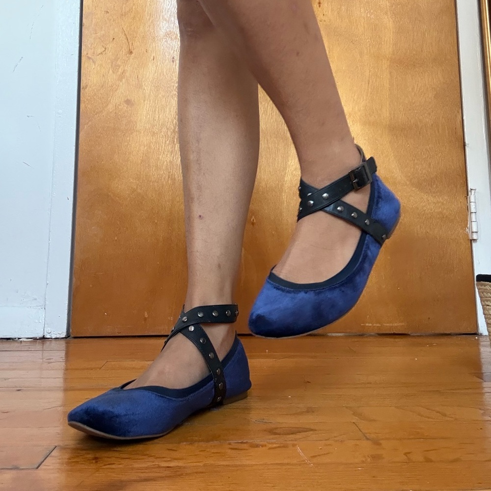 Blue velvet Mary Jane Ballet flats Miu Miu esq utility buckle rock chick straps